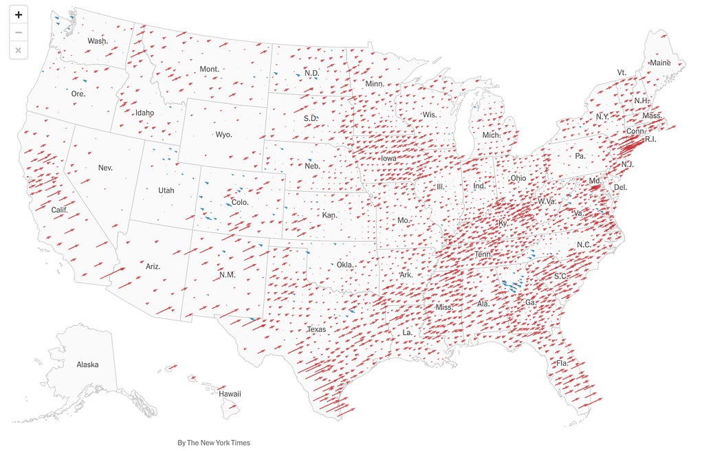 This image is a map of the United States showing, for every county in the country, how much the voted shifted toward Trump compared to his performance in 2020. Visually, the “red shift” is overwhelming. It looks like a landslide.