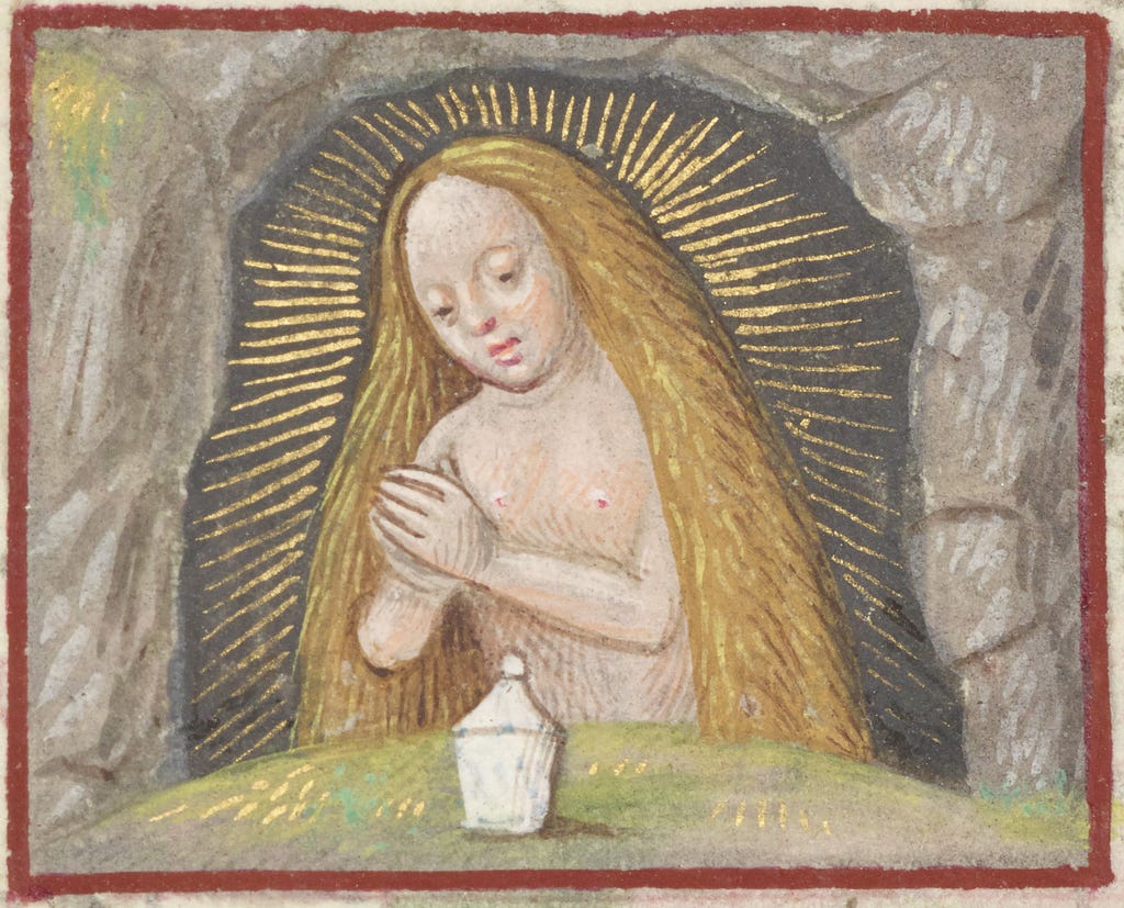 Naked woman praying with long golden hair covering her.