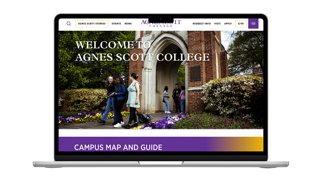 An image of Agnes Scott’s campus webpage. There is an image of students walking by the arch that leads into campus off of College Ave.