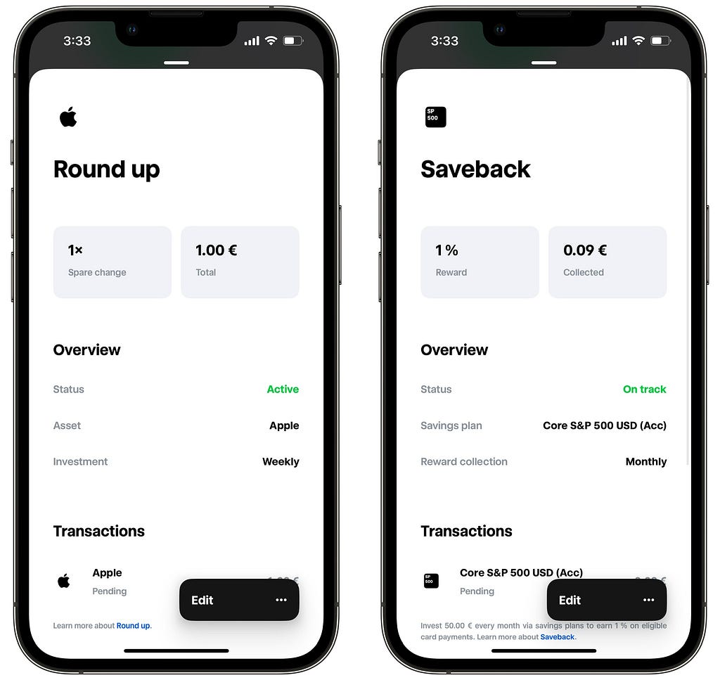 Trade Republic Card Round up and Saveback features in the mobile app