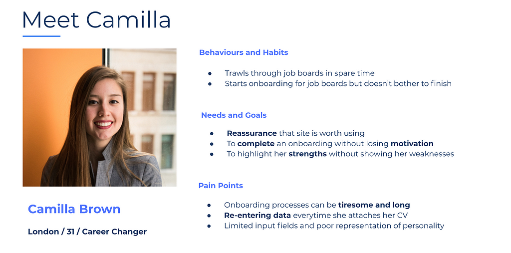 Our persona Camilla. She is a 31 year old UX designer from London.