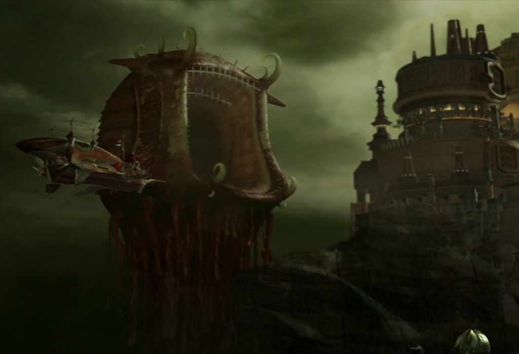Una creatura mostruosa minaccia una città, in Final Fantasy IX.