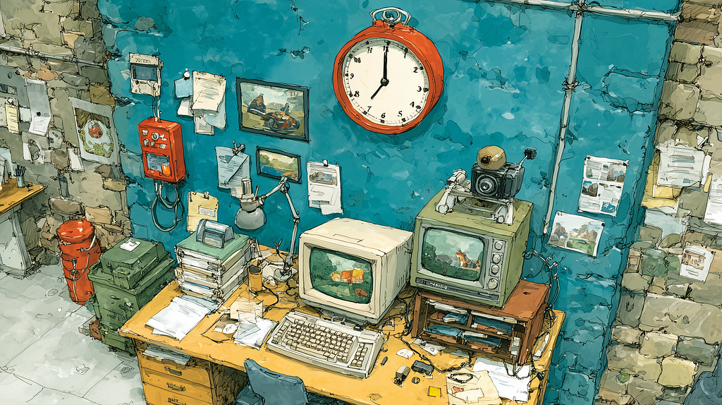 A drawing of an old desk with a big red clock above the desk