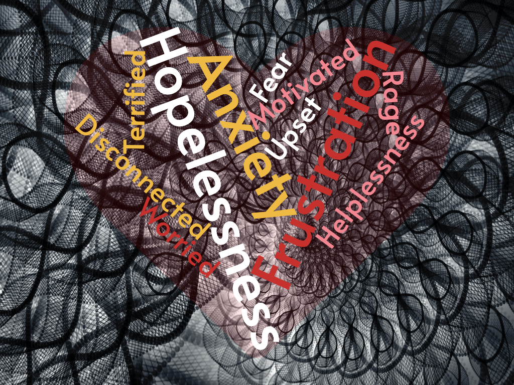 Word cloud of feelings: hopelessness, helplessness, anxiety, fear, motivation, terrified, disconnected, rage, worried, upset