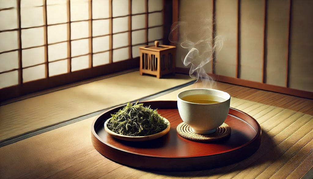 A serene scene of a traditional Japanese tea setting with a cup of steaming yomogi tea on a wooden tray. The background shows a simple, minimalist Japanese room with soft natural light filtering through a paper screen, creating a calm and inviting atmosphere.