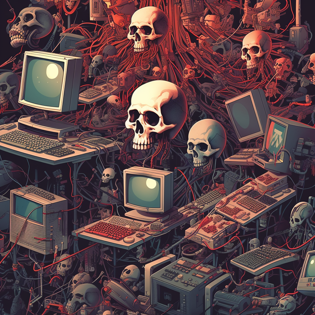 A chaotic computer terminal with skulls