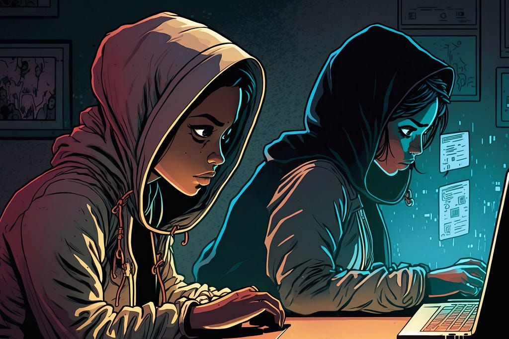 A comic / drawing showing two awesome pair-programmers working at a computer at night time.
