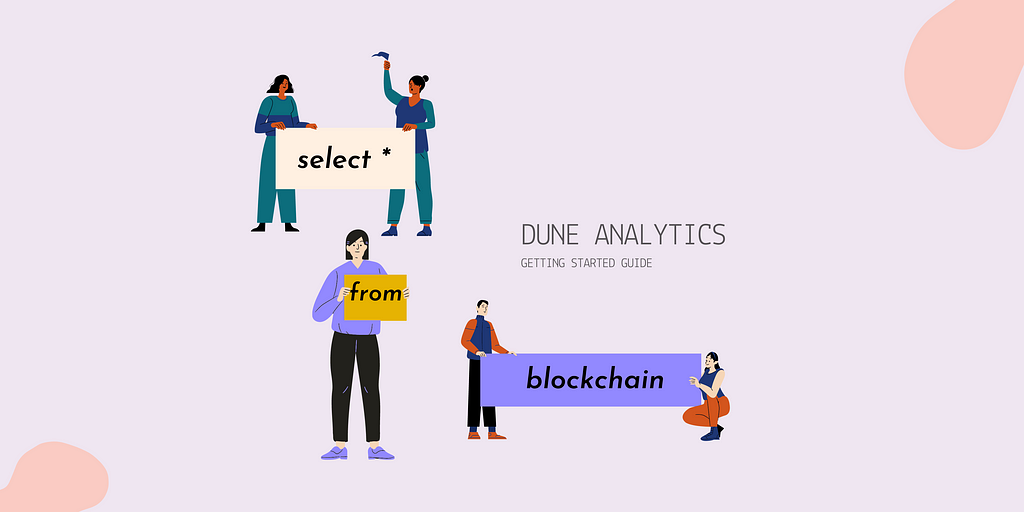 A cover page for the Dune Analytics getting started guide where people are holding “select * from blockchain” messages.