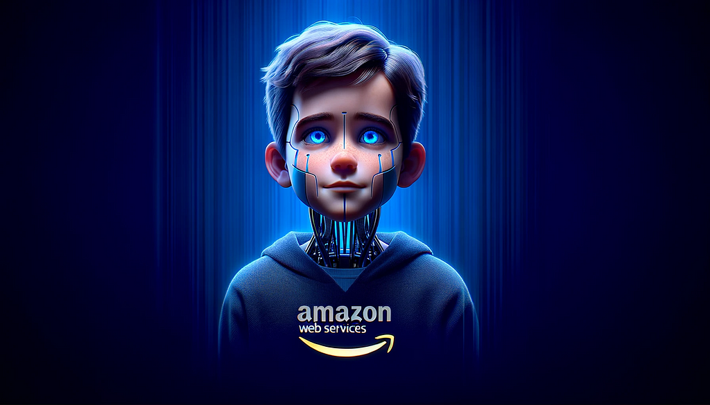 wide-screen 4K CGI renders in a Pixar-alike style featuring the half-human, half-robot boy against the deep blue #9597ff background with the Amazon Web Services logo.