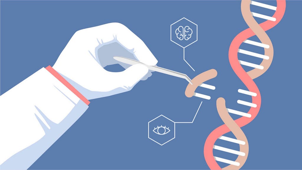 A scientist’s glove injects a strand of DNA containing eye color and brain traits into a strand of DNA