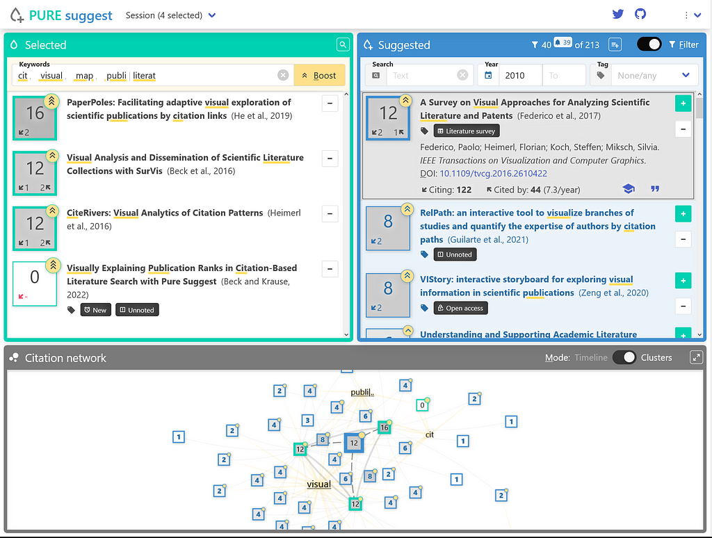 Interface of the literature search tool “PURE suggest”