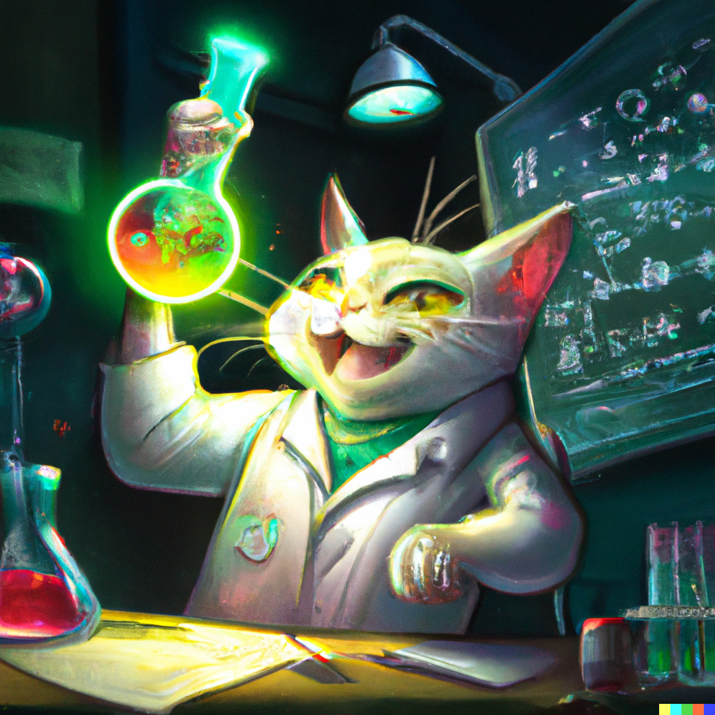 A happy cat scientist holding a light emitting formula in a laboratory