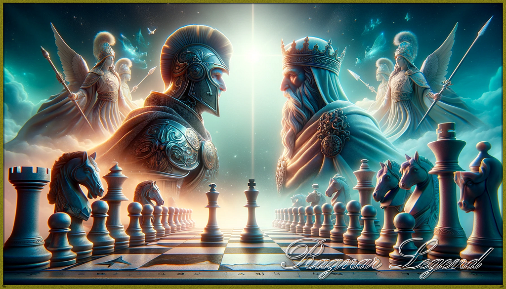 A fantasy-themed chessboard scene with human-like knight and bishop figures facing each other in a dramatic standoff, set against a mystical backdrop with intricate designs and magical elements.
