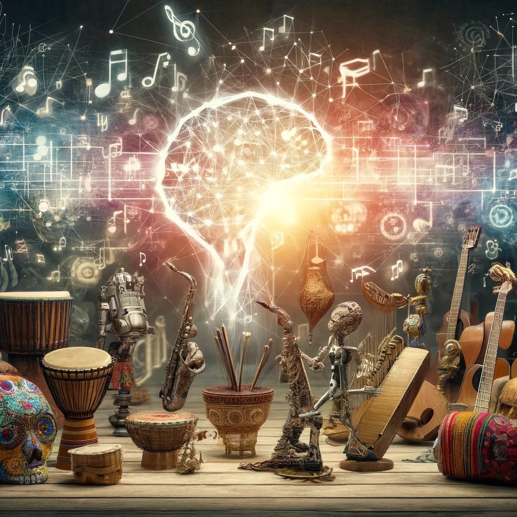 Illustration depicting a fusion of diverse musical instruments and cultural symbols from around the world, intertwined with digital motifs and neural networks, representing the use of AI and deep learning in analyzing cross-cultural musical elements.