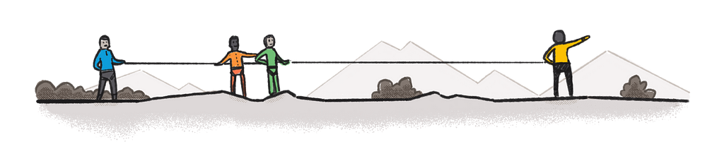 Illustration of four climbers on a rope team advancing.