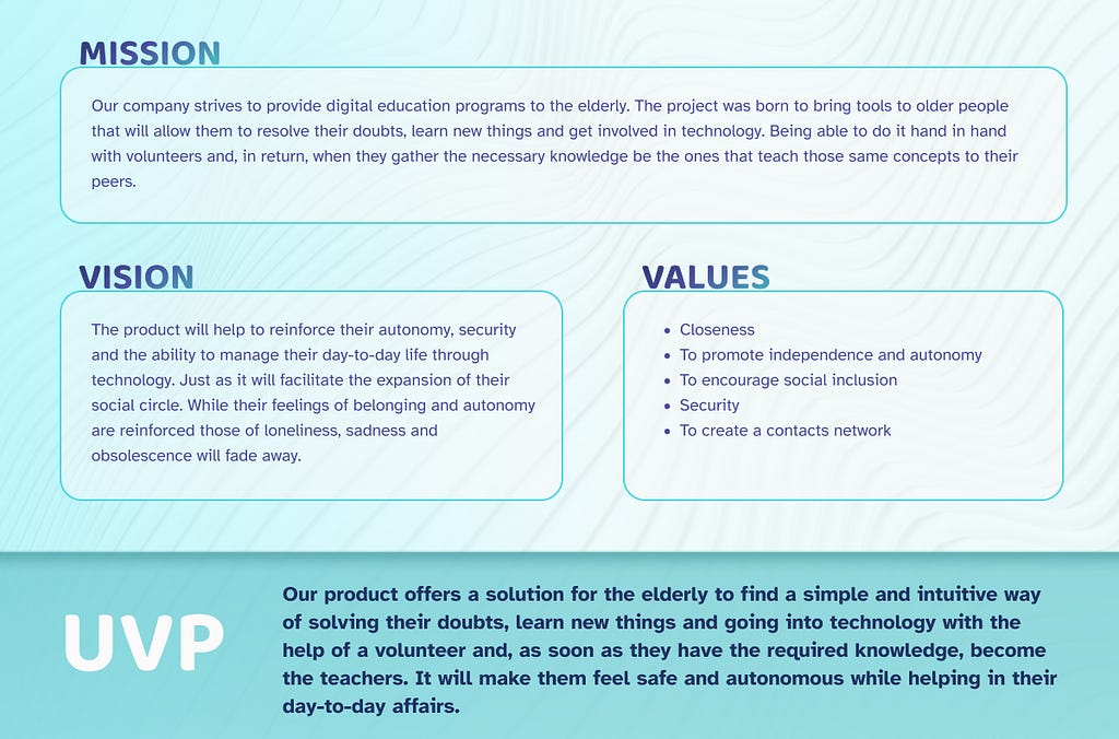 Our Mission, Vision and Values, that come from the main business, and our UVP that says: Our product offers a solution for the elderly to find a simple and intuitive way of solving their doubts, learn new things and going into technology with the help of a volunteer and, as soon as they have the required knowledge, become the teachers. It will make them feel safe and autonomous while helping in their day-to-day affairs.