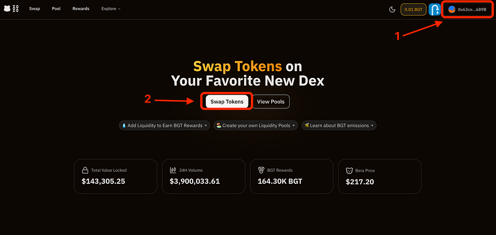 After the test tokens have been transferred to the wallet (they may not come immediately), go to the website, connect the wallet and click Swap Tokens