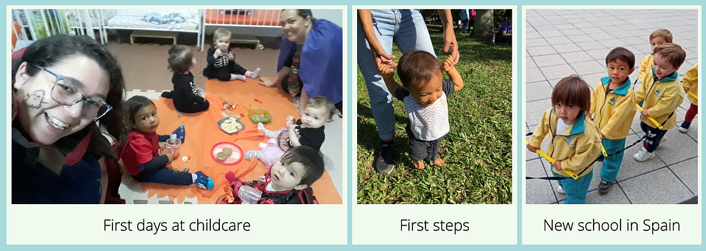 3 pictures of my son, Vitor: in the first he is at the chilcare, in the second he is giving his first steps, and the third he is in the childcare in Spain with his spanish colleagues