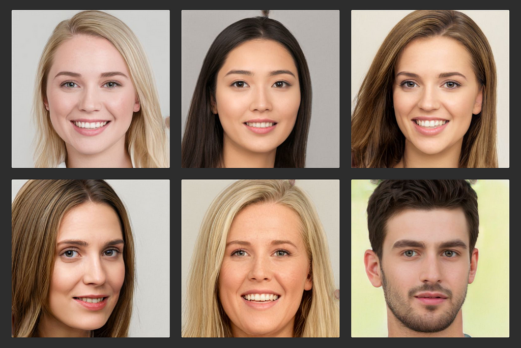 Photorealistic headshots of six people generated by a machine learning algorithm