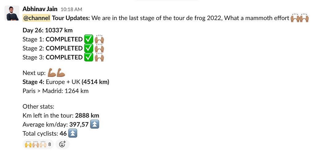 A screengrab of Abhinav announcing the progress of Tour de frog 2022 on the Slack channel.