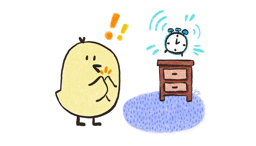 A bird character clapping as their clock alarm is ringing.