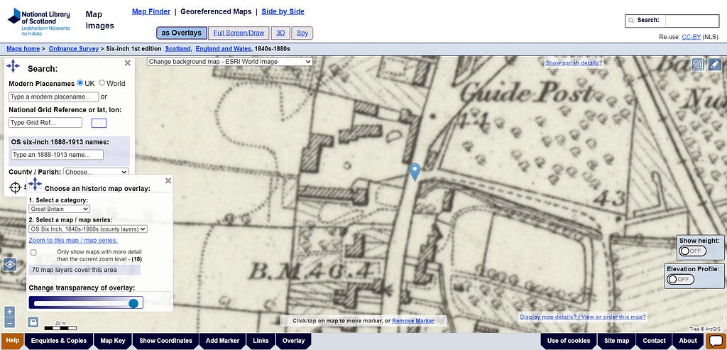 Easter egg Location for the route taken by Jack in Chapter 2 of “Murder’s Row.” Screenshot courtesy of the National Library of Scotland’s “Map Images,” which I used in addition to Google Earth & Oldmapsonline.org/compare. For more information, visit https://maps.nls.uk/os/index.html.