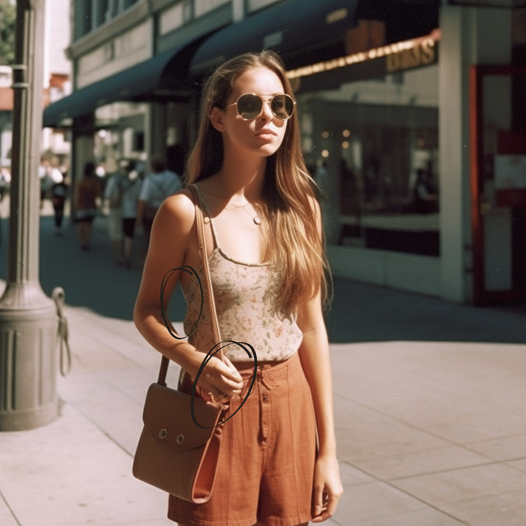 AI-Generated image of Woman walking down a New York City street in summertime, wearing a travel outfit with long brunette hair and a missing strap on her clothing.