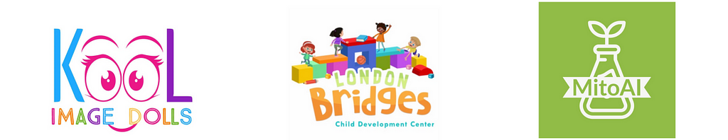Logos for Kool Image Dolls, London Bridges Child Development Center, and MitoAI