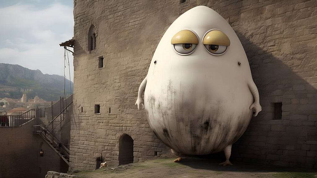 A large egg — Humpty Dumpty — stands on the ramparts of a castle.