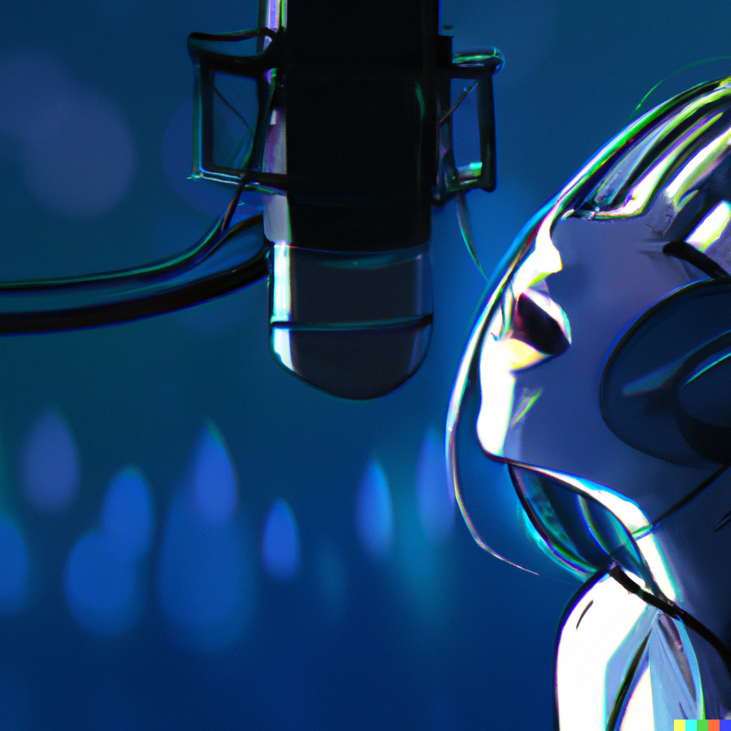 A variant of girl alpha. She is in profile on the right of the image, headphones on, long hair down the side of her face, eyes closed and mouth clearly open. She is singing into a large, black condenser microphone just in front of her face. There is the hint of a crowd in the background. We’re calling her “girl beta”.
