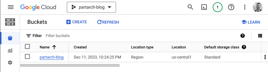 Screenshot of the Google Cloud Console showing a listing od Cloud Storage buckets. There is a bucket with the same name as the project ID.