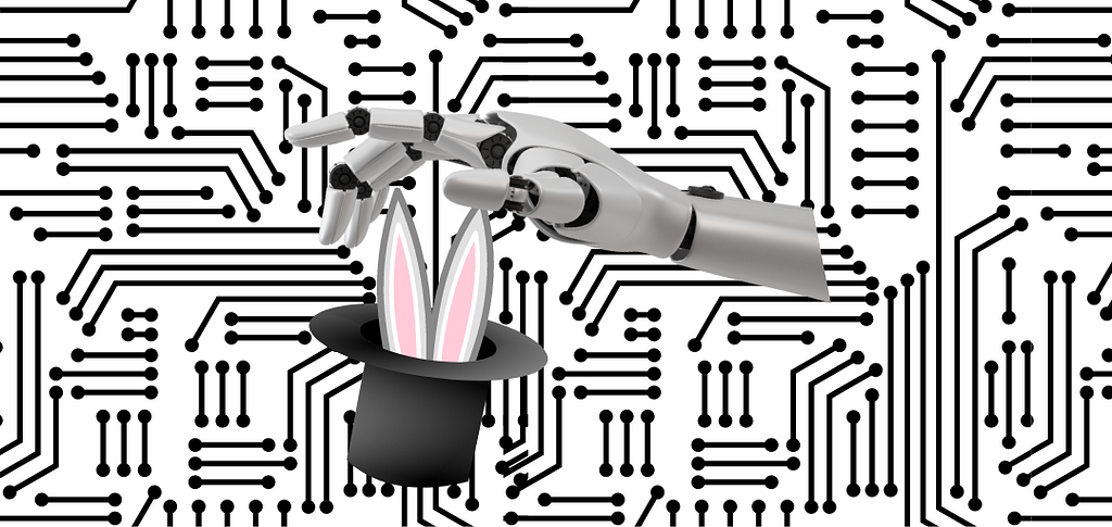 A floating robotic hand reaches to pull a rabbit from a top hat over a stylised circuitry background