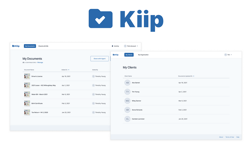 The old Kiip logo, my documents interface, and my clients interface