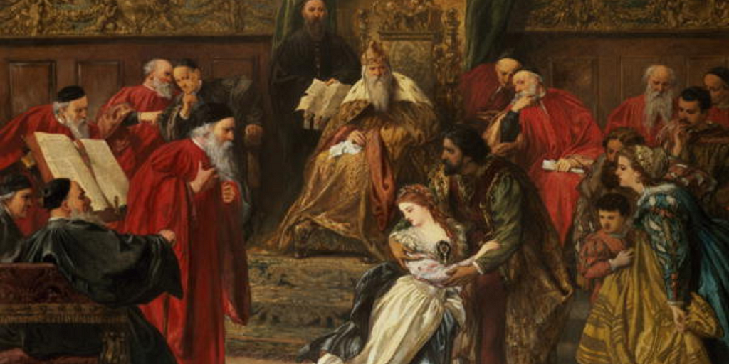 Painting by Sir John Gilbert of Cordelia in her father’s court, refusing to flatter King Lear. She is surrounded by members of the court.