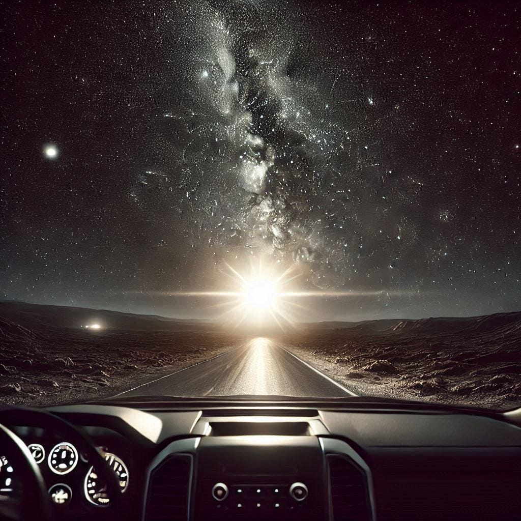 A view of a very bright light in the night sky from behind the window screen of a car.