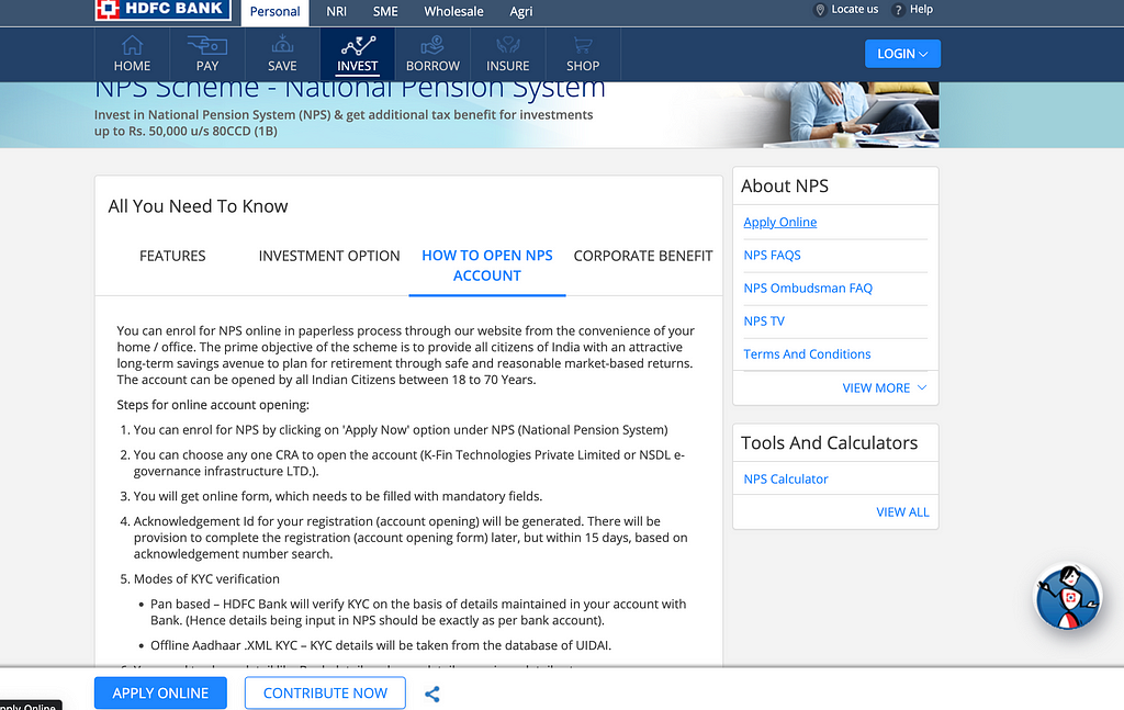 HDFC main page for NPS account opening