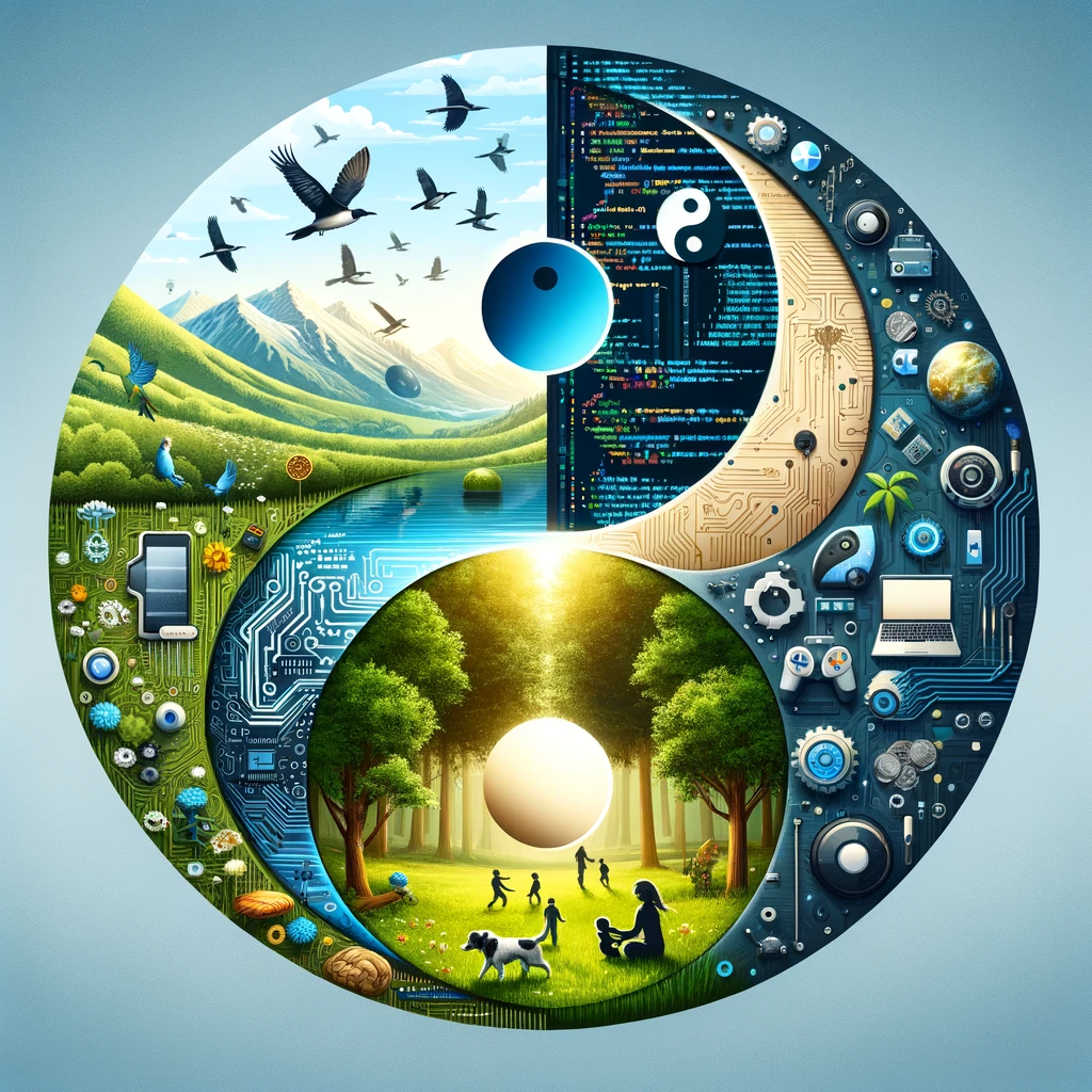 Ying and Yang symbol split into two halves. Left side features digital elements like code snippets and VR goggles in blue and silver, symbolizing technology. Right side shows natural elements like a landscape and a dog in green and gold, representing life balance and nature. The halves blend seamlessly, depicting harmony between technology and nature.