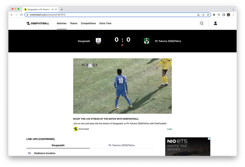 OneFootball's match Page showing the match score and a video player with a live game.