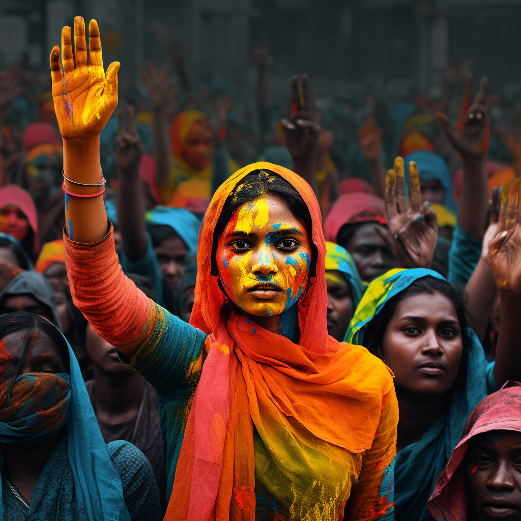 The image depicts a group of disadvantaged rural Bangladeshi women, one of whom is zoomed in and seen eager to say something with her rising right hand, while others are in the background and their faces are not clearly shown. All of them are wearing colorful traditional dresses, and many of them are raising their hands. The highlighted woman and others look like they want attention and raise their voices.