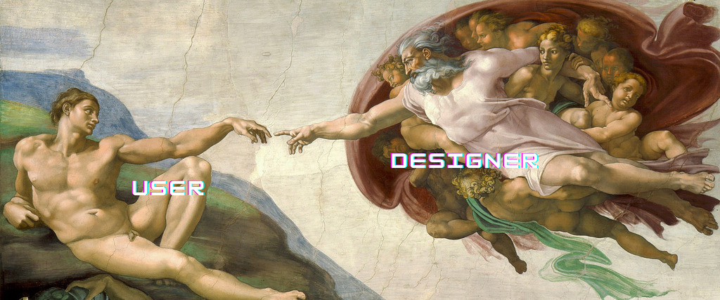 Michelangelo painting — Creation of Adam in where user and designer trying to connect