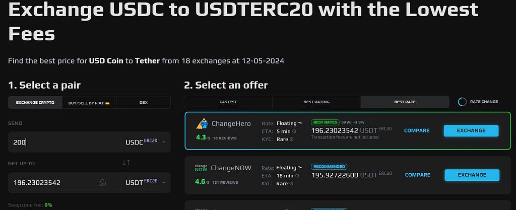 swap USDC stablecoin with SwapZone