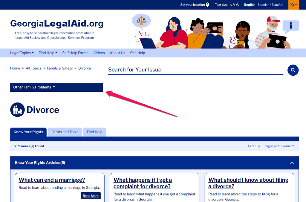 A screenshot of GeorgiaLegalAid.org that shows the Other Problems feature. It is a drop down box that sits below the search bar, to the left, and is far away from the content being viewed.