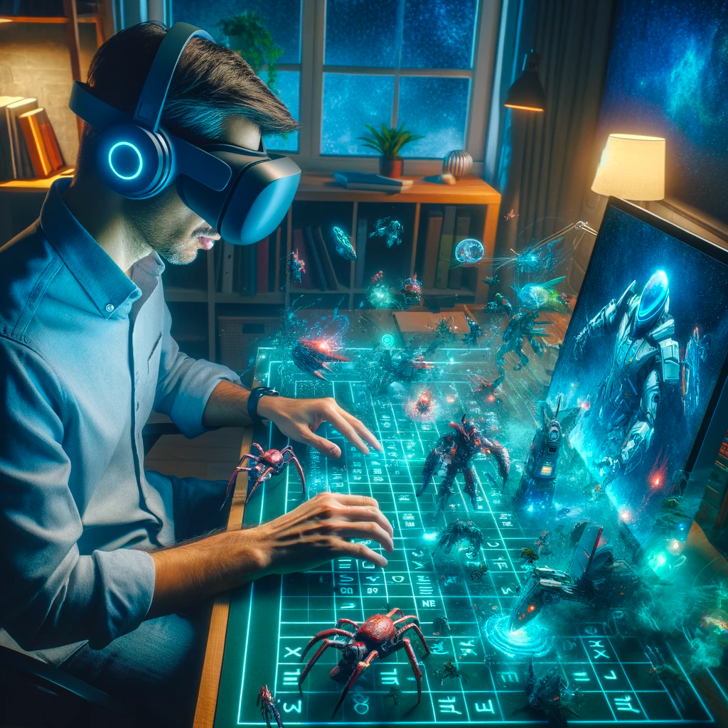 A language learner wears a virtual reality headset and experiences Language Defense. In Mixed Reality he can see real-world elements like his desk and the virtual game elements like the playground and enemies.