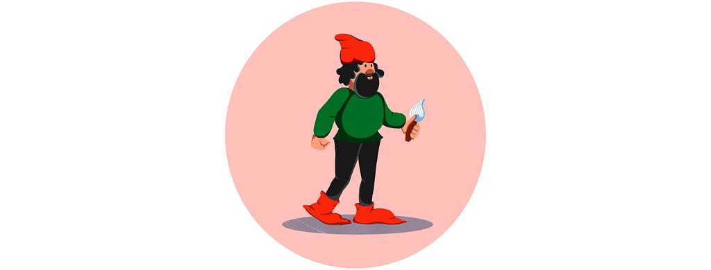 Dwarf in a red cap on a pink background.