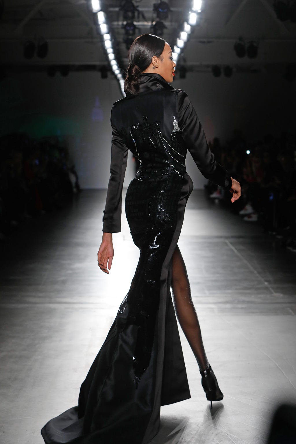 (Back of Trench Gown) — Black Couture Silk Satin Trench Gown with Hand-Beaded New York Skyline Back