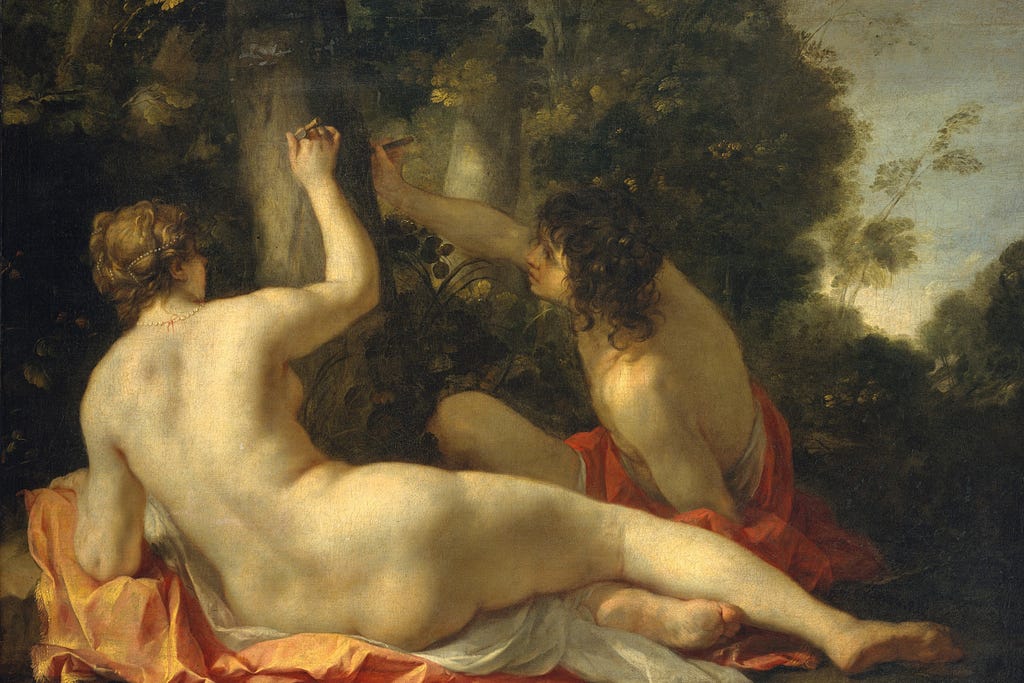 Painting of unclothed man and woman carving their names in a tree.