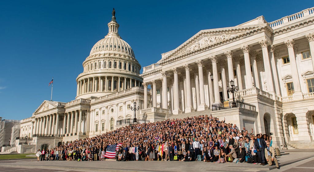Hundreds of members of Citizens’ Climate Lobby (CCL) pose for a picture in front of the US Capitol, June 2019