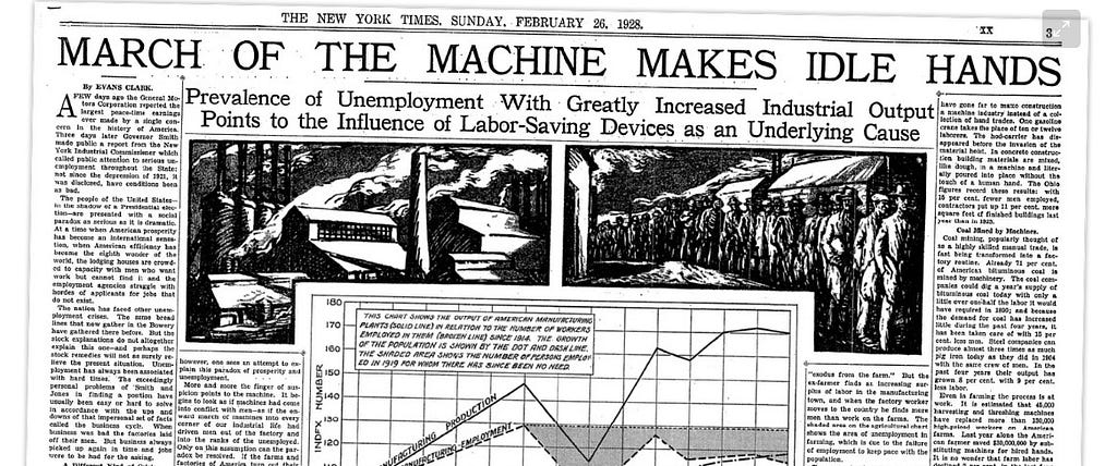 from the Pessimist archive — New York Times 1928 — March of the machine makes idle hands