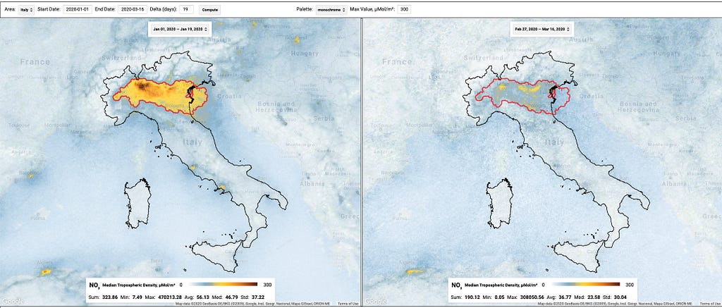 Google Earth Engine application that shows how air pollution cleared up in Italy after the coronavirus lockdown in March 2020