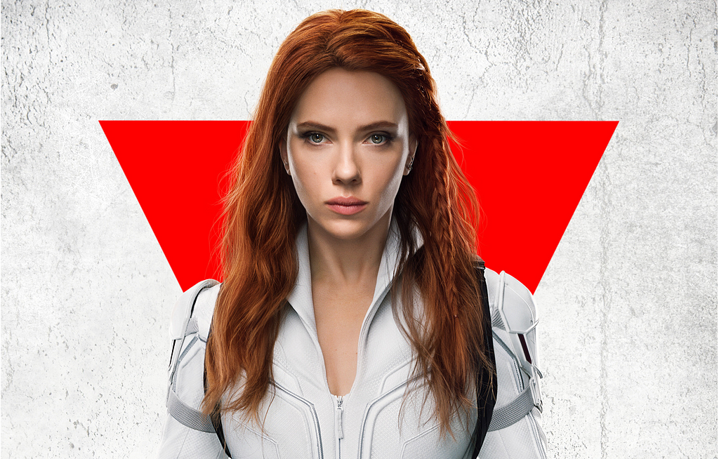 A poster for Black Widow with Scarlett Johansson as the title character. It has a white and red background. The character appears strong and assertive.